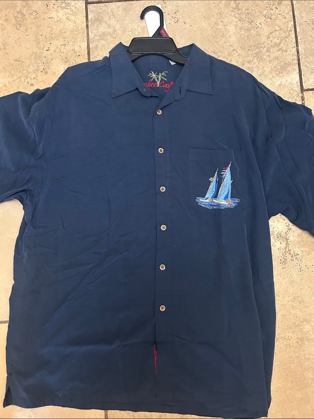 Men's Navy Short-Sleeve Button-Down Shirt with Sailboat Pocket Embroidery